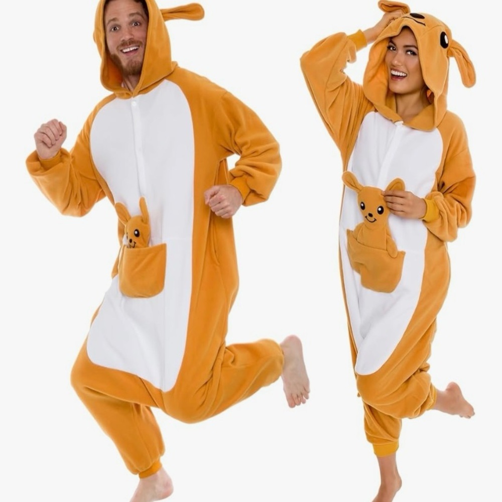 Plush Hooded Onesie with Kangaroo Pocket - Orange & White
